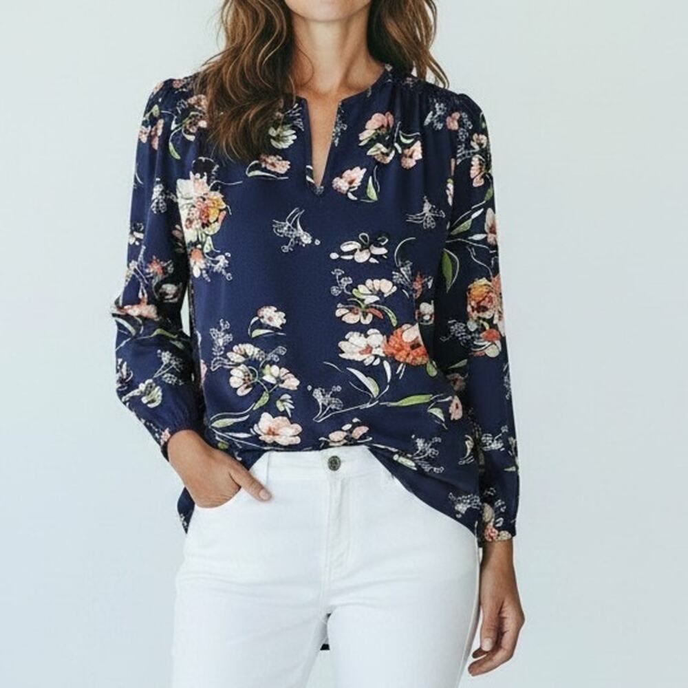 Fun 2 Fun Navy Blue Floral Print V-Neck Long Puff Sleeve Blouse Women's Size S